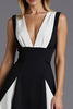 Load image into Gallery viewer, Black and White Satin A Line Patchwork V-Neck Long Formal Dress
