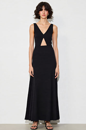 Satin V-Neck Cut Out A Line Long Black Tie Dress
