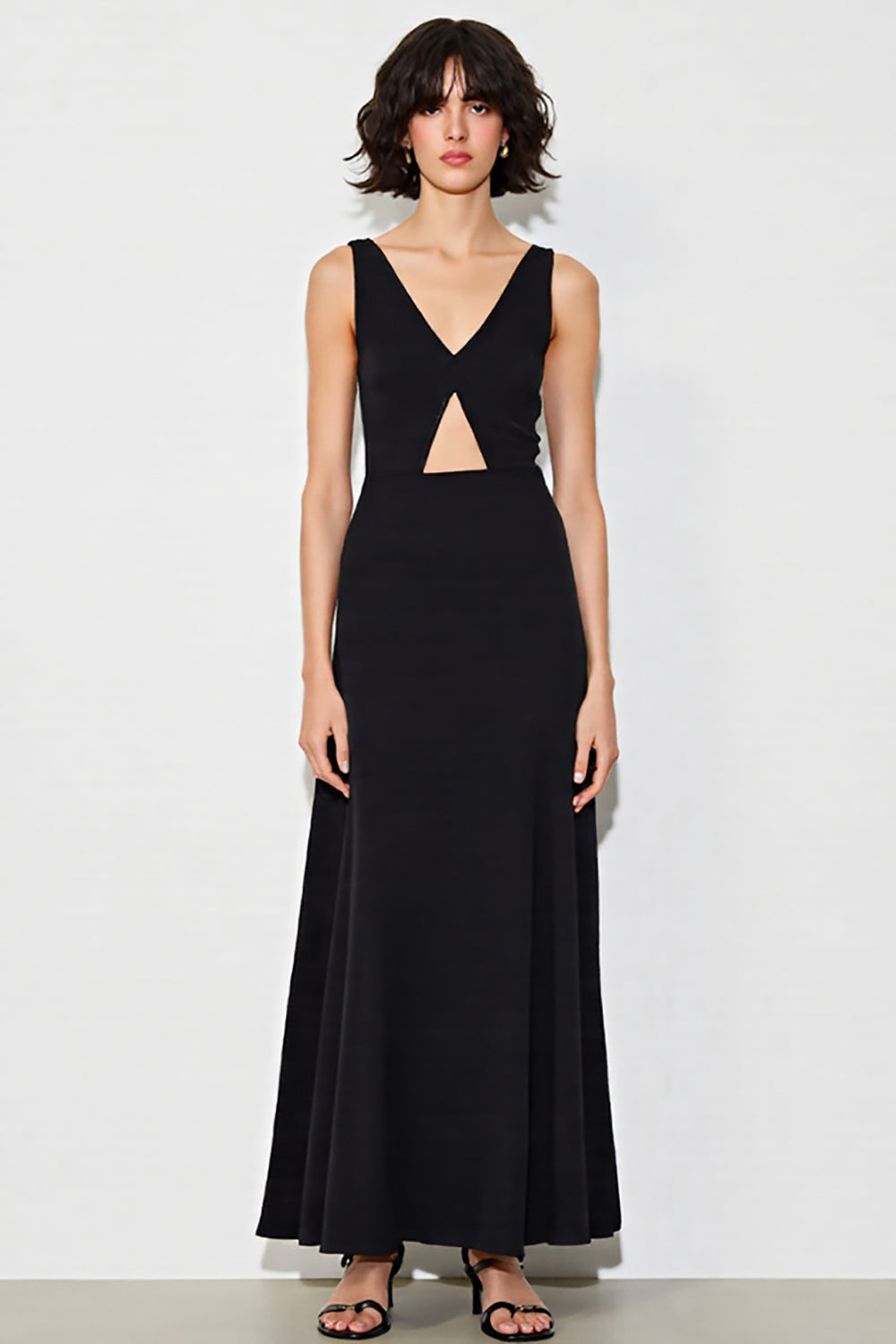 Satin V-Neck Cut Out A Line Long Black Tie Dress