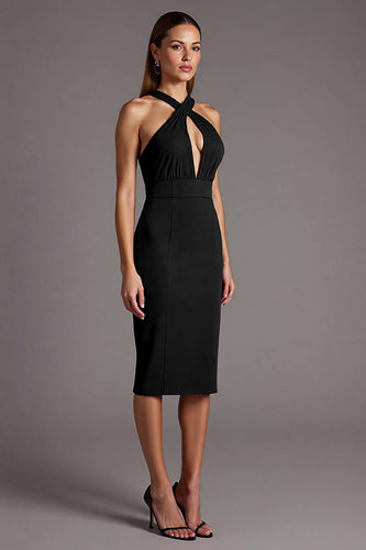 Black Halter Satin Bodycon Keyhole Midi Cocktail Dress