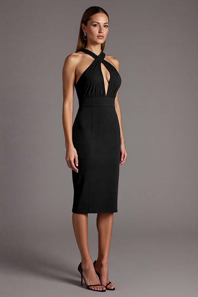 Queendancer Women Black Satin Bodycon Midi Cocktail Dress Halter Keyhole Party Dress