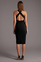 Load image into Gallery viewer, Black Halter Satin Bodycon Keyhole Midi Cocktail Dress