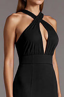 Load image into Gallery viewer, Black Halter Satin Bodycon Keyhole Midi Cocktail Dress