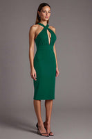 Load image into Gallery viewer, Black Halter Satin Bodycon Keyhole Midi Cocktail Dress