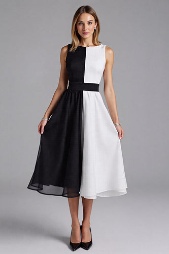 A Line Black and White Patchwork Chiffon Midi Cocktail Dress