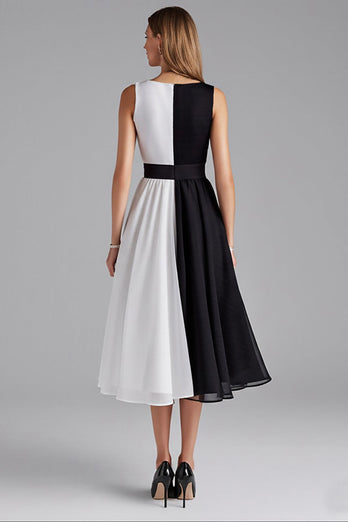 A Line Black and White Patchwork Chiffon Midi Cocktail Dress