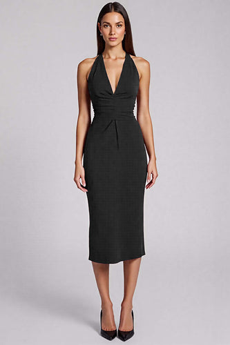 Black Bodycon Satin Halter Backless Midi Cocktail Dress