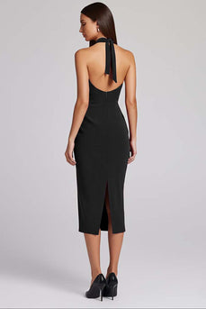 Black Bodycon Satin Halter Backless Midi Cocktail Dress