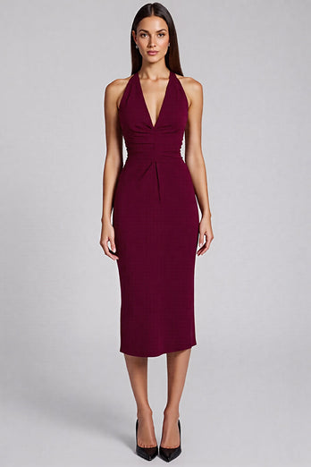 Black Bodycon Satin Halter Backless Midi Cocktail Dress