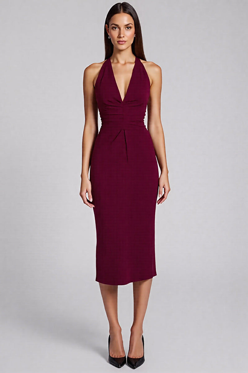 Load image into Gallery viewer, Black Bodycon Satin Halter Backless Midi Cocktail Dress