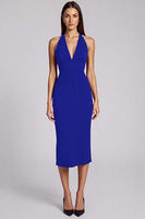 Load image into Gallery viewer, Black Bodycon Satin Halter Backless Midi Cocktail Dress