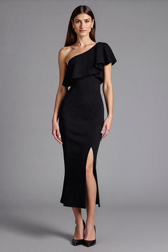 One Shoulder Ruffled Satin Long Black Tie Dress with Slit