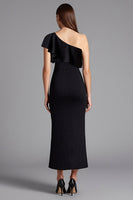 Load image into Gallery viewer, One Shoulder Ruffled Satin Long Black Tie Dress with Slit