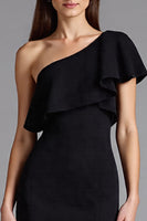 Load image into Gallery viewer, One Shoulder Ruffled Satin Long Black Tie Dress with Slit