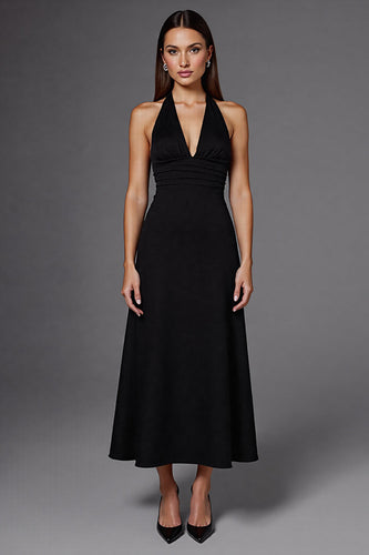 Satin Halter Backless A Line Long Black Tie Dress