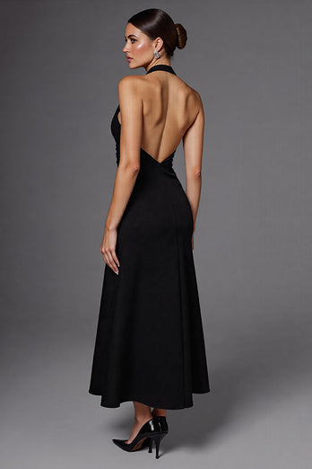 Satin Halter Backless A Line Long Black Tie Dress