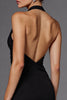 Load image into Gallery viewer, Satin Halter Backless A Line Long Black Tie Dress