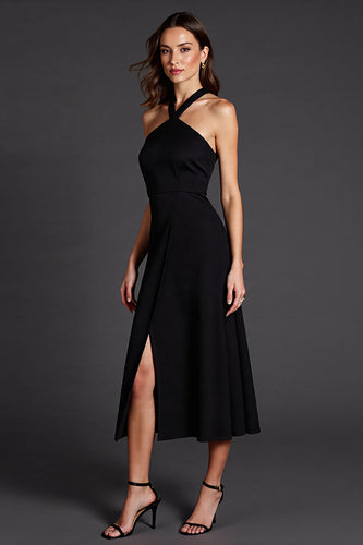 Black Halter A Line Satin Midi Cocktail Dress with Slit