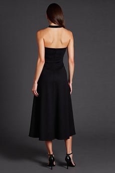 Black Halter A Line Satin Midi Cocktail Dress with Slit