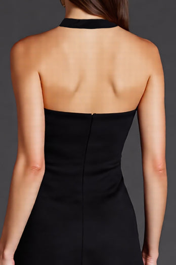 Black Halter A Line Satin Midi Cocktail Dress with Slit