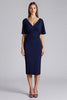 Load image into Gallery viewer, Navy V-Neck Satin Bodycon Midi Cocktail Dress with Ruffles