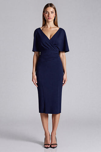 Navy V-Neck Satin Bodycon Midi Cocktail Dress with Ruffles