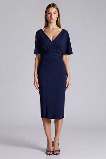 Navy V-Neck Satin Bodycon Midi Cocktail Dress with Ruffles