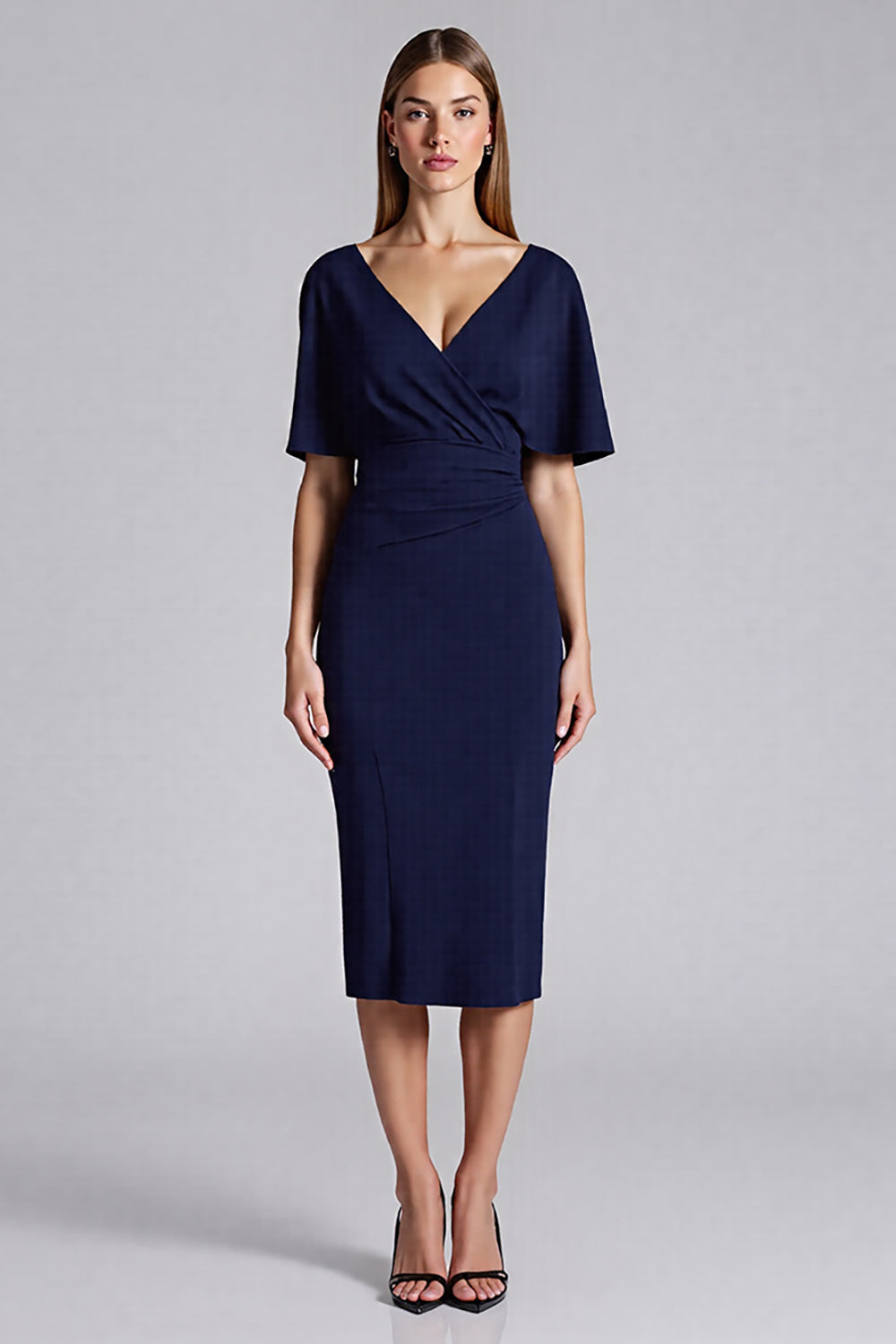 Navy V-Neck Satin Bodycon Midi Cocktail Dress with Ruffles