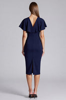 Load image into Gallery viewer, Navy V-Neck Satin Bodycon Midi Cocktail Dress with Ruffles