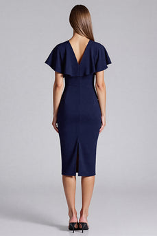 Navy V-Neck Satin Bodycon Midi Cocktail Dress with Ruffles