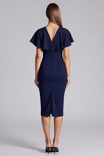 Navy V-Neck Satin Bodycon Midi Cocktail Dress with Ruffles
