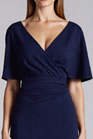 Load image into Gallery viewer, Navy V-Neck Satin Bodycon Midi Cocktail Dress with Ruffles