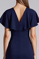Load image into Gallery viewer, Navy V-Neck Satin Bodycon Midi Cocktail Dress with Ruffles