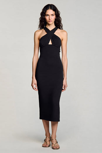 Black Halter Bodycon Keyhole Satin Midi Cocktail Dress