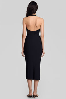 Black Halter Bodycon Keyhole Satin Midi Cocktail Dress