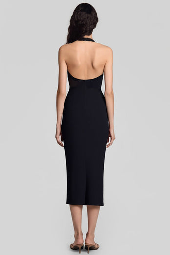Black Halter Bodycon Keyhole Satin Midi Cocktail Dress
