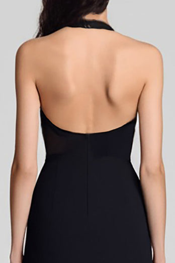 Black Halter Bodycon Keyhole Satin Midi Cocktail Dress
