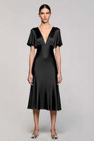 Load image into Gallery viewer, Satin Black A Line V-Neck Midi Cocktail Dress with Ruffles