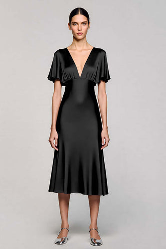 Satin Black A Line V-Neck Midi Cocktail Dress with Ruffles