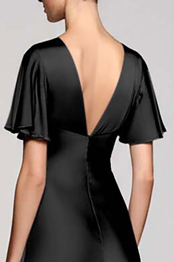 Satin Black A Line V-Neck Midi Cocktail Dress with Ruffles