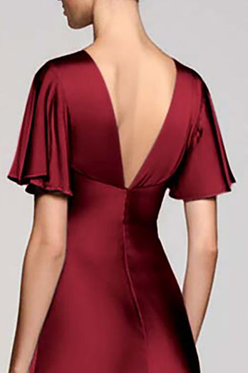 Satin Black A Line V-Neck Midi Cocktail Dress with Ruffles