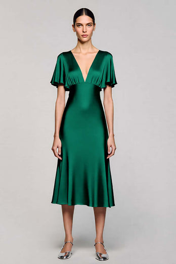 Satin Black A Line V-Neck Midi Cocktail Dress with Ruffles
