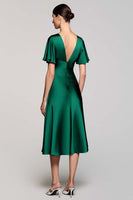 Load image into Gallery viewer, Satin Black A Line V-Neck Midi Cocktail Dress with Ruffles