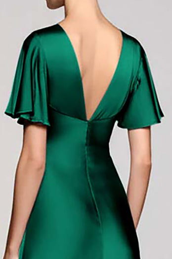 Satin Black A Line V-Neck Midi Cocktail Dress with Ruffles