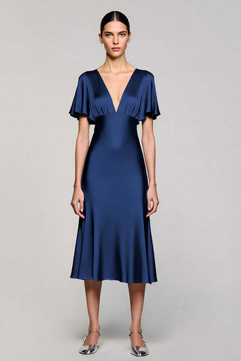 Satin Black A Line V-Neck Midi Cocktail Dress with Ruffles