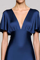 Load image into Gallery viewer, Satin Black A Line V-Neck Midi Cocktail Dress with Ruffles