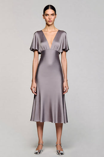 Satin Black A Line V-Neck Midi Cocktail Dress with Ruffles