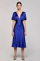 Load image into Gallery viewer, Satin Black A Line V-Neck Midi Cocktail Dress with Ruffles