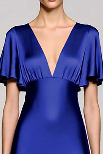 Satin Black A Line V-Neck Midi Cocktail Dress with Ruffles