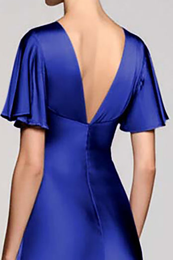 Satin Black A Line V-Neck Midi Cocktail Dress with Ruffles